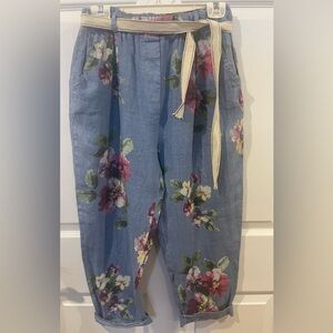 Bella Amore linen Floral Blue capri Pants with Belt small made in Italy